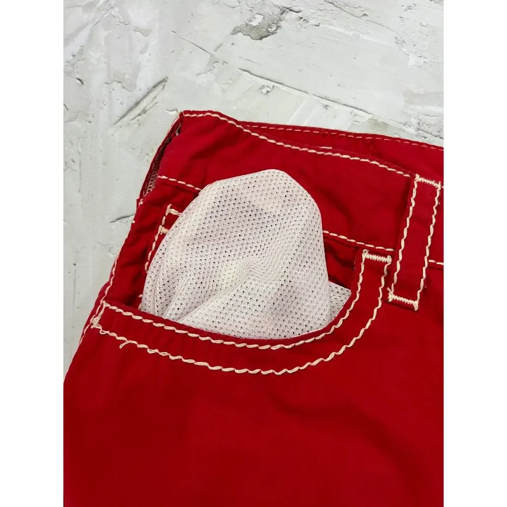 True Religion Big T Boardshort SIZE 33 Red White Stitch Cotton Swim Shorts EUC